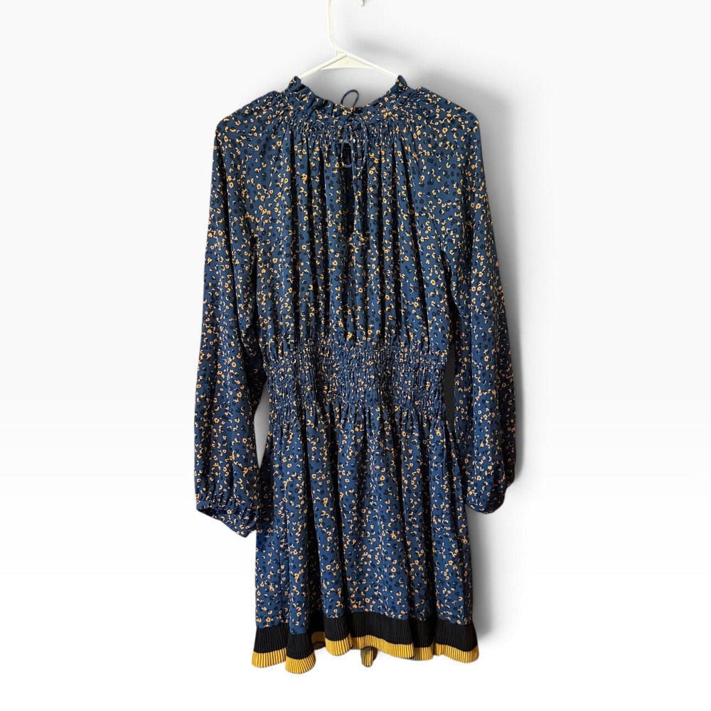 Current Air Blue Animal Floral Smocked Waist Mini Dress Size M Long Sleeve Boho